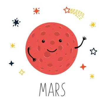 Cute planet Mars. Planet with hands and eyes. Vector illustration for children Stock Illustration