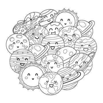 Cute planets circle shape pattern. Solar system planets coloring page Stock Illustration