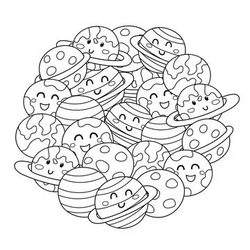 Cute planets circle shape pattern. Solar system planets coloring page. Space 스톡 일러스트