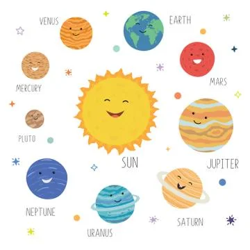 Cute planets with funny smiling faces. Solar system with cute cartoon planets Stock Illustration