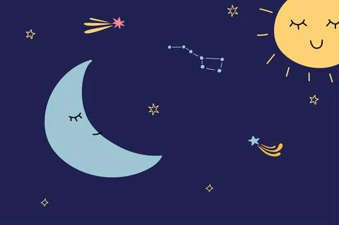 Cute planets. Night starry sky. Cartoon sleepy crescent and sun. Star constel Illustrazione stock