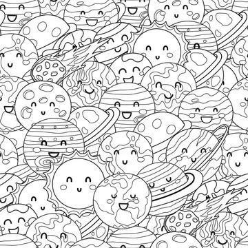 Cute planets space seamless pattern. Solar system planet characters black and Stock Illustration