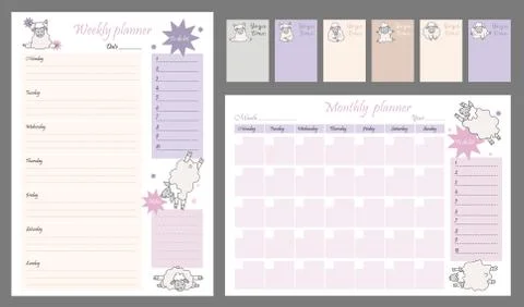 Cute planner templates - for the day, week, month, to-do list and place for note Stock Illustration