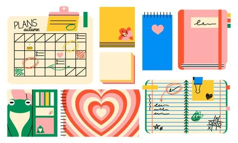 Cute planners notebooks and sticky notes set Stock Illustration