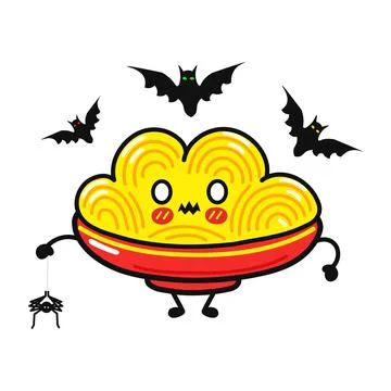 Cute plate of spaghetti character with bats and spider 库存插图