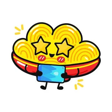 Cute plate of spaghetti character using smartphone happily Illustration