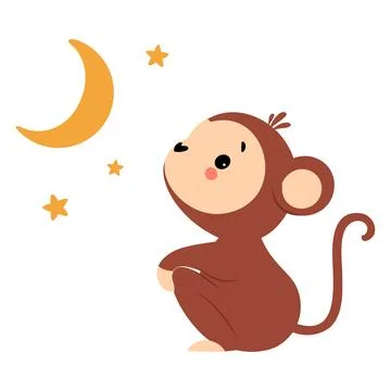 Cute Playful Monkey with Long Tail Sitting and Watching Stars in the Sky Vector Stock Illustration