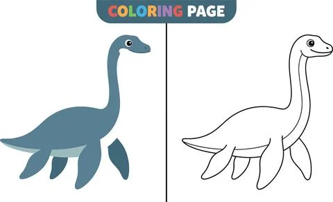 Cute Plesiosaurus Dinosaur Coloring Page for Kids. Stock Illustration
