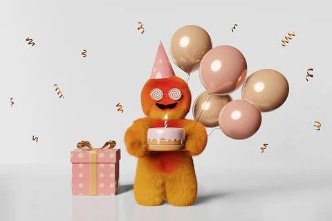 Cute plush Yeti gift box sparkles balloons 3d character Happy bigfoot cake .. Stock Illustration