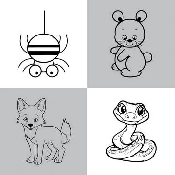 Cute Pocket Animals Fox Snake Mouse Crab Line Art Set Stock Illustration
