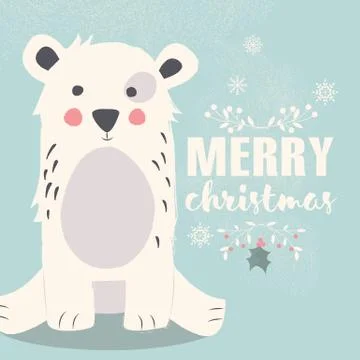 Cute polar bear on blue background and Merry Christmas lettering Stock Illustration