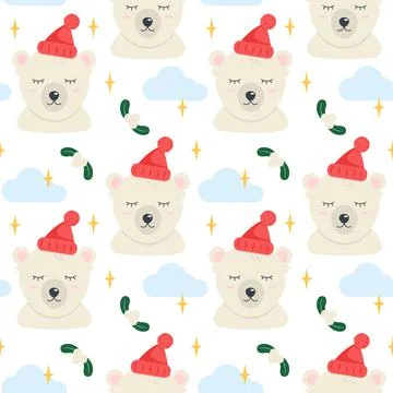 Cute polar bear with clouds and stars. Seamless patterns Stock Illustration