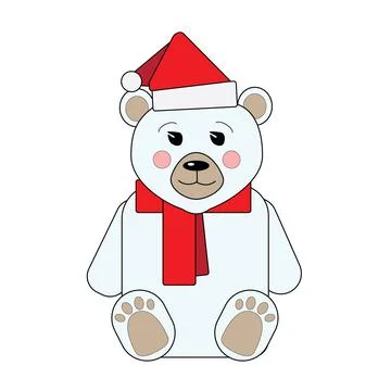 Cute polar bear sits in a red santa claus hat and scarf on a white background Stock Illustration