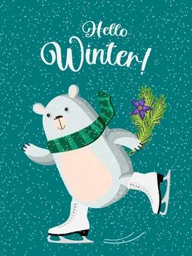 Cute polar bear skating in the snow Stock Illustration