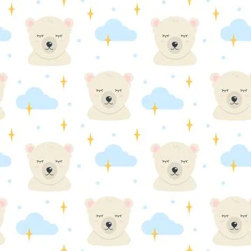 Cute polar bear sleeping with clouds and stars. Seamless patterns Stock Illustration