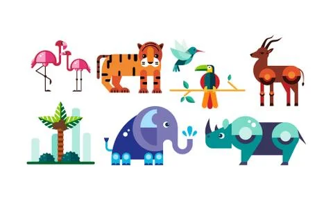 Cute polygonal African animals set, flamingo, tiger, antelope, parrot, elephant Illustrazione stock