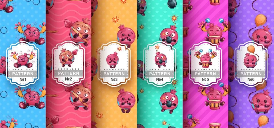 Cute pomegranate - set seamless pattern Stock Illustration