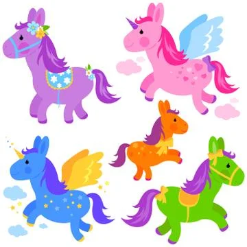 Cute ponies and unicorns. Vector illustration set Stock Illustration