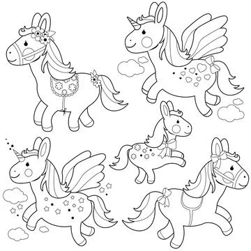 Cute ponies and unicorns. Vector black and white coloring page Stock Illustration