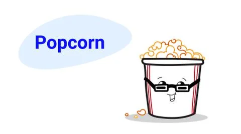 Cute pop corn cartoon comic character in glasses smiling face tasty fastfood Stockillustratie