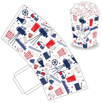 Cute popcorn box with flat cinema objects Stock Illustration