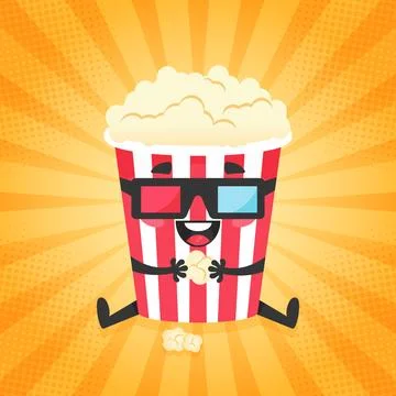 Cute popcorn character in 3d glasses. Mascot popcorn bucket, movie theater Stock Illustration