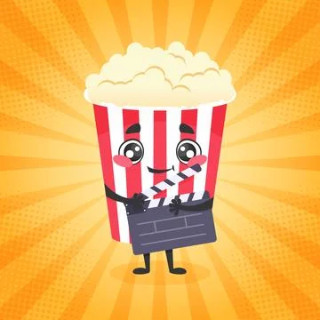 Cute popcorn character with a clapperboard. Mascot popcorn bucket Stock Illustration