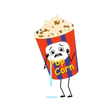 Cute popcorn character in a holiday box with crying and tears emotion Stock Illustration