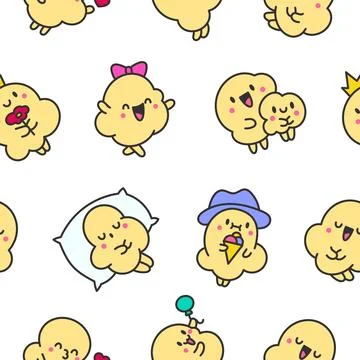 Cute popcorn character. Seamless pattern. Stock Illustration