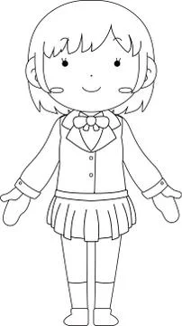 Cute pose of cute schoolgirl outline Stock Illustration