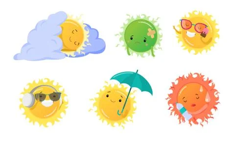 Cute positive sun characters doing summer activities vector illustration Stock Illustration