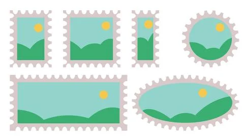 Cute postage stamp, round and square frames, templates with simple landscap.. Illustrazione stock