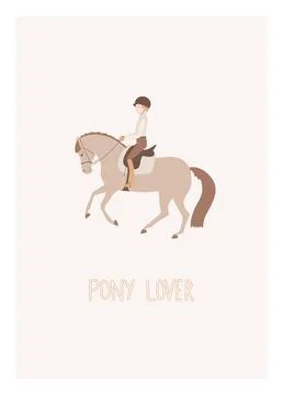 Cute postcard in children's style, a boy riding a pony Stock Illustration