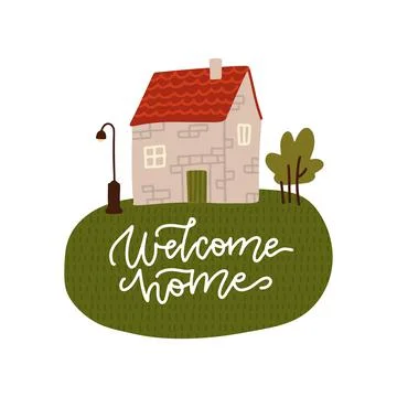 Cute postcard or banner with the image of a stone house in vintage style. With Stock Illustration