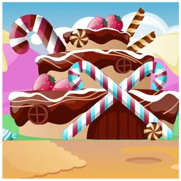 Cute poster with a cake in the shape of a house. Vector cartoon close-up Stock Illustration