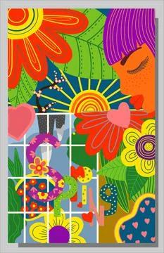Cute poster of spring time, vector drawn illustration nature, girls against a Stock Illustration