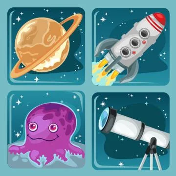 Cute poster on the theme of space exploration. Planet Saturn, flying rocket Illustrazione stock