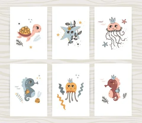 Cute posters collection wuth turtle, jellyfish and seahorse. Stock Illustration