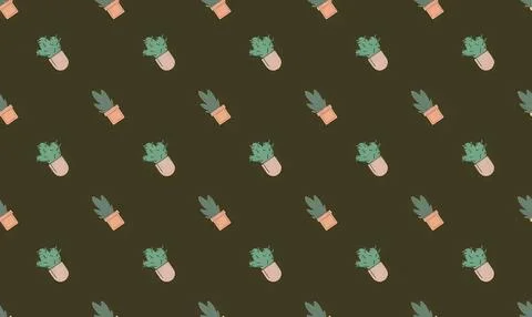 Cute potted plant pattern with green succulents on dark background Stock Illustration