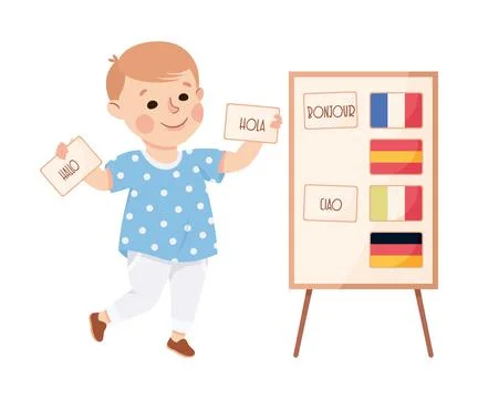 Cute preschool boy doing presentation at lesson. Kid speaking different Stock Illustration