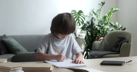 Cute preschooler boy learning writing and doing homework and exercises at home Stock Footage 162476439