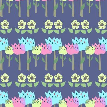 Cute, Pretty Multicolored Flowers In Rows Vector Repeat Pattern Illustrazione stock