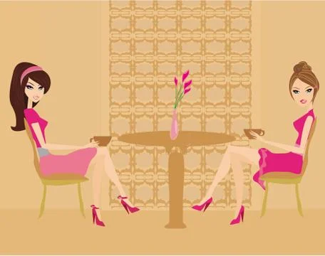 Cute pretty two young womans in coffee break Stock Illustration