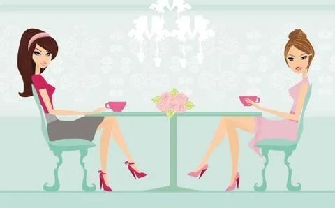 Cute pretty two young womans in coffee break Stock Illustration