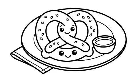 A cute pretzel coloring page featuring a happy smiling snack イラスト素材
