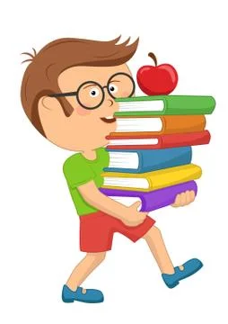Cute primary schoolboy carrying stack books with red apple Stock Illustration