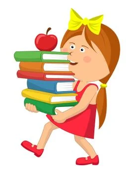 Cute primary schoolgirl carrying stack books with red apple Stock Illustration