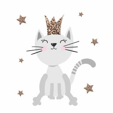 Cute princess cat with a glitter crown and stars. My princess cat. Illustrazione stock