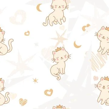 Cute Princess Cats Seamless Pattern Stock Illustration