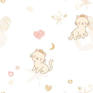 Cute Princess Cats Seamless Pattern Stock Illustration